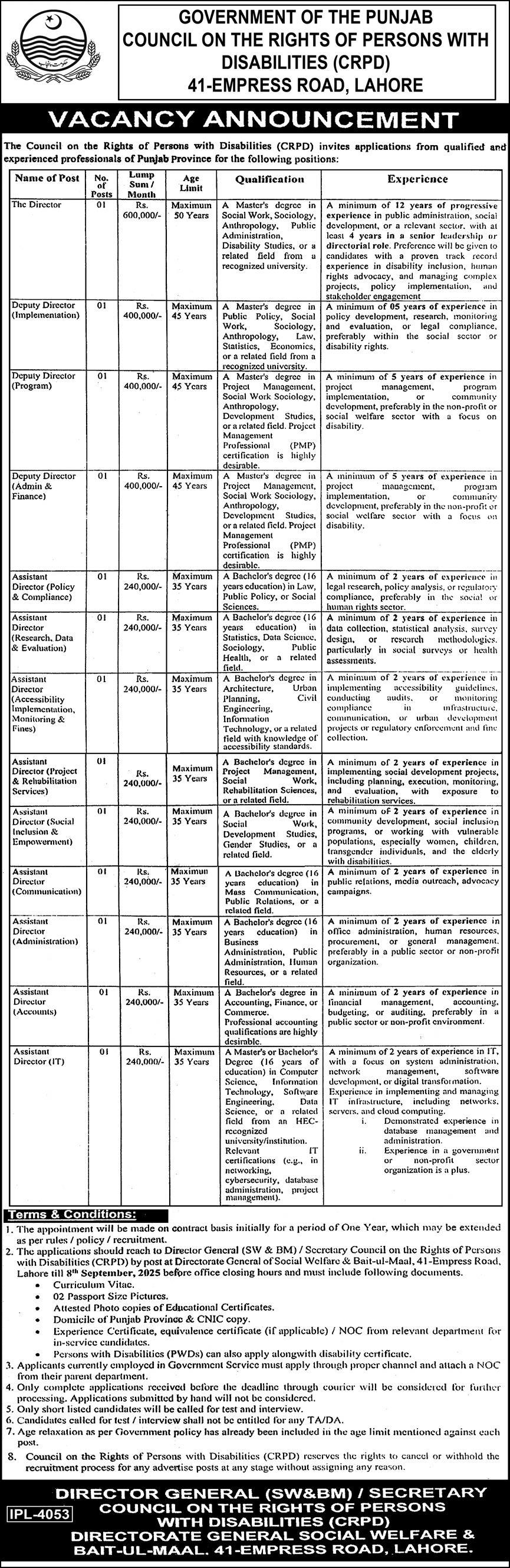 Jobs in Council on the Rights of Persons With Disabilities Lahore